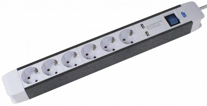 as-Schwabe 18212 6-fach Überspannungs-Steckdosenleiste mit 2 USB Ports, mit Schalter und Kinderschutz, 1,5m Kabel mit Schuko-Stecker 